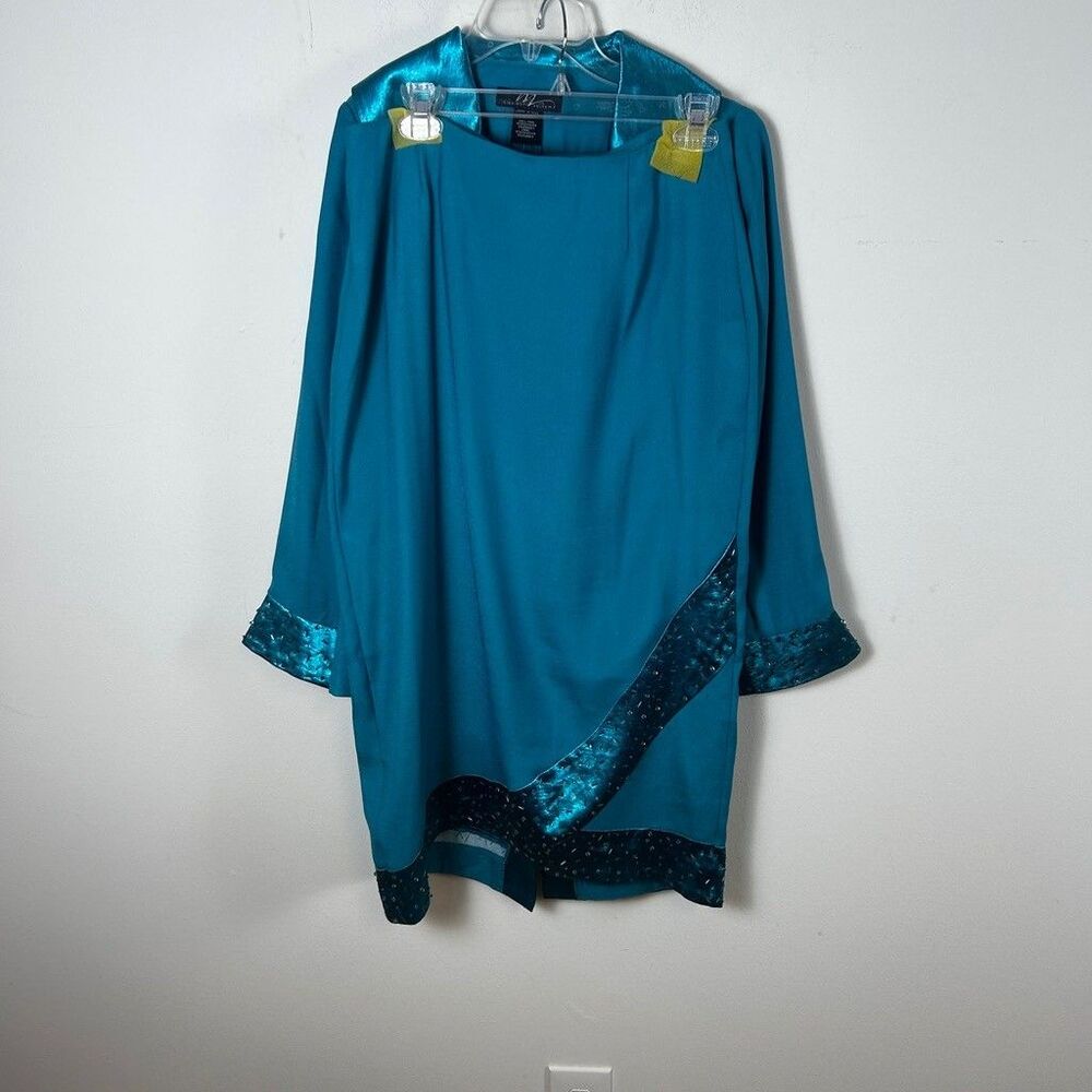 Midnight Velvet Skirt Suit Set Womens Size 8 Teal Blue Beaded Metallic Trim